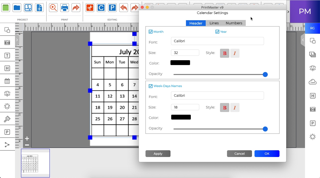 Calendar Settings PrintMaster v9 Userguide